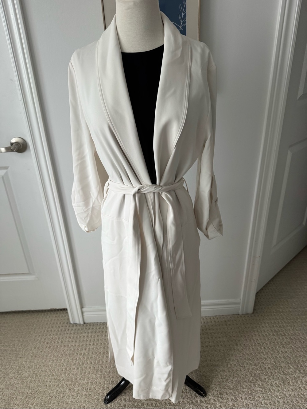 Aritzia Cream Satin Long Shawl-Collar Robe with Self Tie